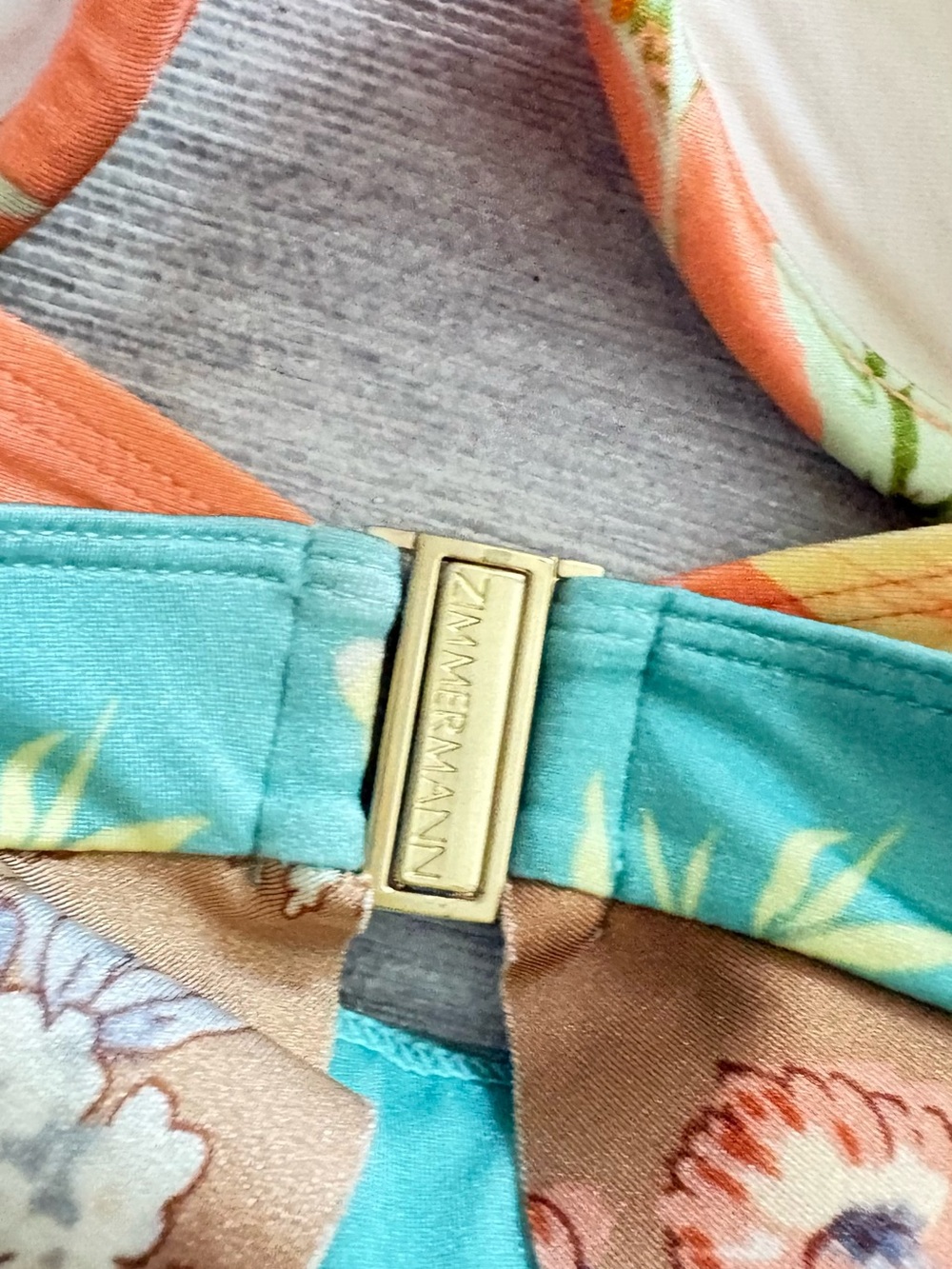 Zimmermann Floral Ruffled Bikini Top & Briefs in Aqua, Coral, Tan - Picture 5 of 5